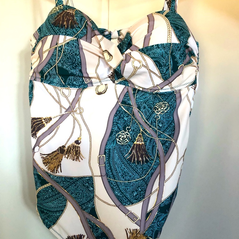 NWT Sogno D Oro swimsuit with designer print in aqua/gold. Sz 50/52 (Sz 10).